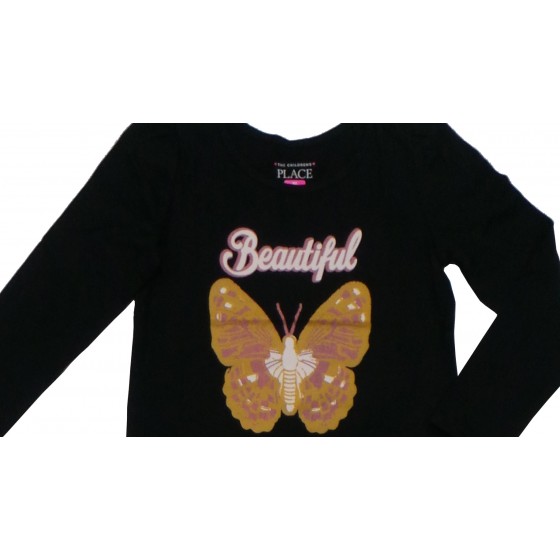 Baju T'shirt Anak Perempuan Lengan Panjang Hitam Kupu Kupu Sablon Putih 