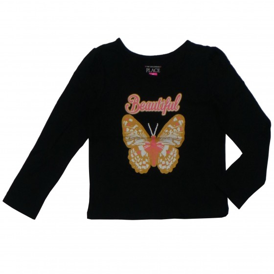 Baju T'shirt Anak Perempuan Lengan Panjang Hitam Kupu Kupu Sablon Pink 
